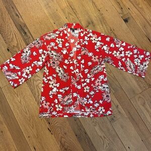 Roz & Ali Wide Sleeve Kimono Style Floral Red Open Front Cardigan Top Size SMALL